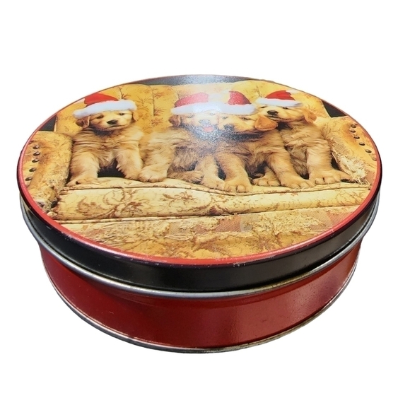 Vintage santa Hat Lab puppies cookie tin 6.5" Holiday Christmas - Picture 3 of 7